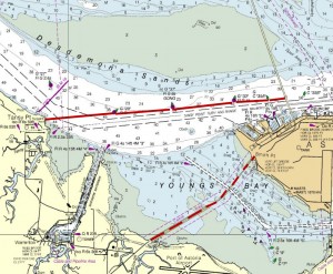 The solid red line is the proposed new exclusion zone for fishing from August 1 through September 15, 2014. The dotted red line is the current lower commercial line.